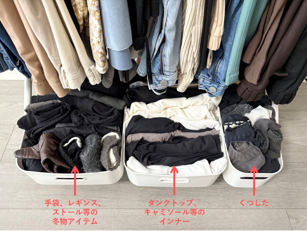 ソフトNインボックスの中身の画像とテキストでの説明(冬物アイテム、インナー、くつした)
